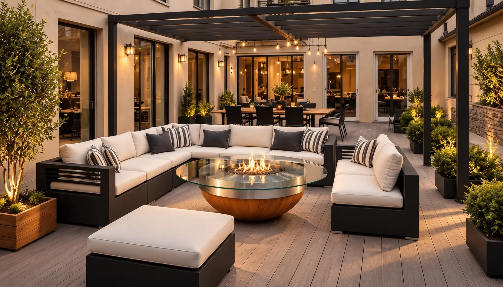 Terrasse aménagée avec salon d’extérieur et table de feu